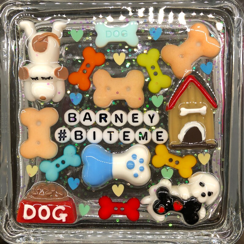May include: A glass block with a dog theme. It features a dog bone with the word "DOG" on it, a dog house, a dog bowl, and the words "BARNEY #BITEME".