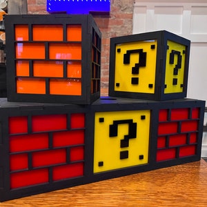 6 CUBE Wall mount, hanging or Desktop shelf Mario Bros Nintendo Lamp Question mark block coin light ACRYLIC image 2