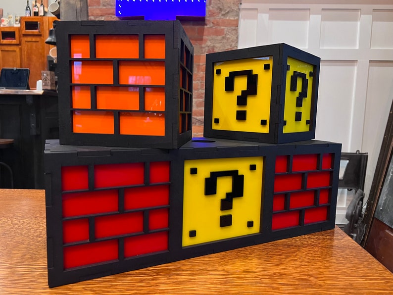 6 CUBE Wall mount, hanging or Desktop shelf Mario Bros Nintendo Lamp Question mark block coin light ACRYLIC image 2