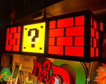 WALL mount or Desktop shelf 18" Mario Bros Nintendo Lamp Question mark block coin light ACRYLIC & WOOD