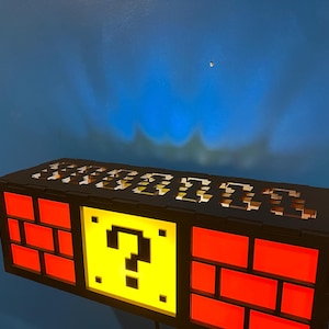 18” Wall-Mounted SCONCE Mario Bros Lamp – Question Mark Cut out top Shelf– Acrylic & Wood Question Block Light – UL Listed – Game Room Decor