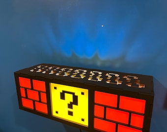 18” Wall-Mounted SCONCE Mario Bros Lamp – Question Mark Cut out top Shelf– Hand Made- Acrylic & Wood Question Block Light  – Game Room Decor