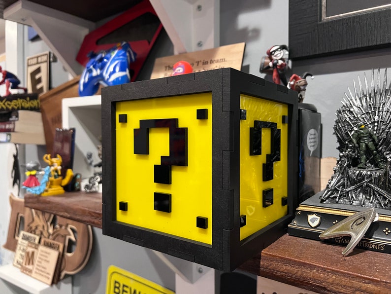 6 CUBE Wall mount, hanging or Desktop shelf Mario Bros Nintendo Lamp Question mark block coin light ACRYLIC image 3