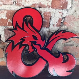 D&D Dungeons and Dragons logo plaque fantasy gaming geek gift for him DND logo red on black