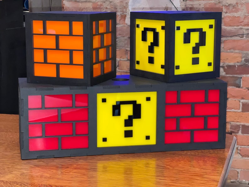 6 CUBE Wall mount, hanging or Desktop shelf Mario Bros Nintendo Lamp Question mark block coin light ACRYLIC image 1