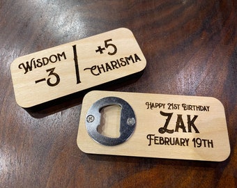 Personalized Birthday gift for the geek in your life- D&D bottle opener Wisdom and charisma modifiers Fun geek bar tool