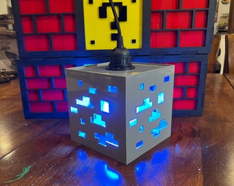 Minecraft-Inspired Diamond Ore Cube Lamp – 6” Acrylic Light – Hanging Gamer Decor – UL Cord – Geek Gift