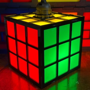 Rubik’s Cube-Inspired Lamp – 6” Acrylic Solved Cube Light – 80s Geek Decor – UL Listed Cord – Retro Game Room Accent