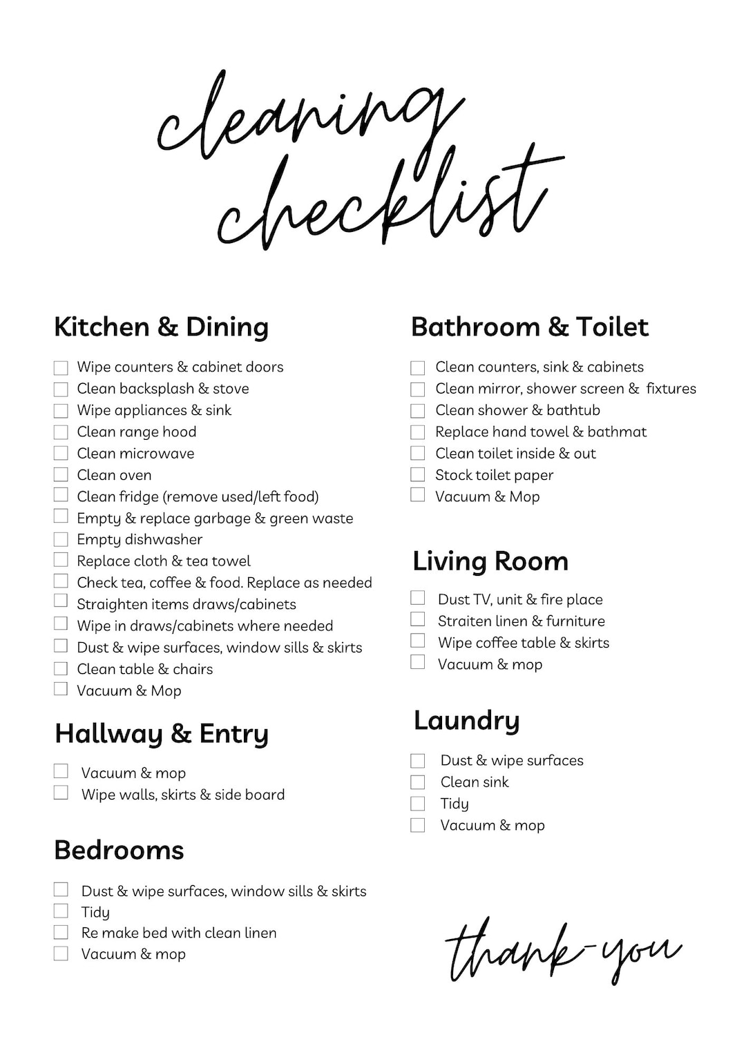Digital Cleaning Checklist. for Guest House, Airbnb, Cleaner, Home Use