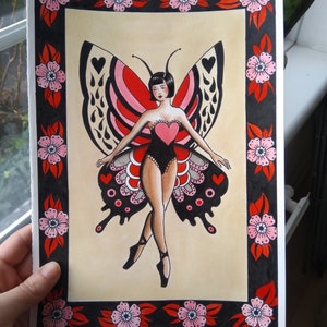 Love Fairy Ballerina Butterfly PRINT Fine Art print watercolor tattoo painting ink spit shading flash sheet decor art