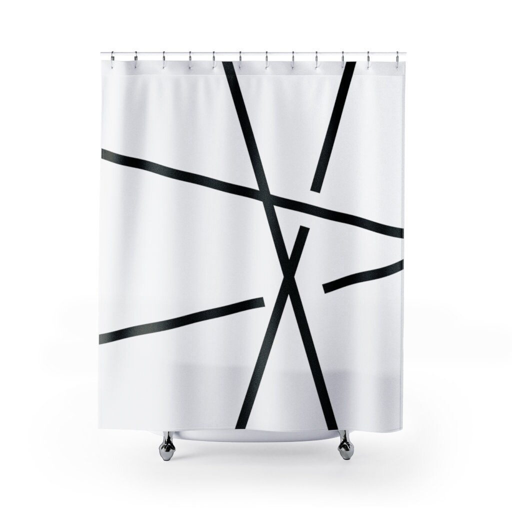 Abstract Line Art Shower Curtain Designer Black and White Bath Curtain