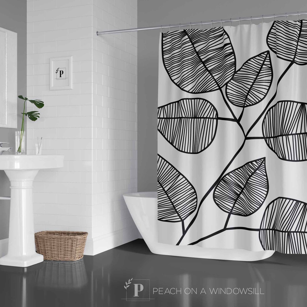 Bold Leaf Shower Curtain Botanical Leaves Bath Curtain in 71x74 Black