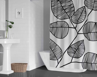 Bold Leaf Shower Curtain | Botanical Leaves Bath Curtain in 71x74 | Black and White Feminine Bathroom Decor