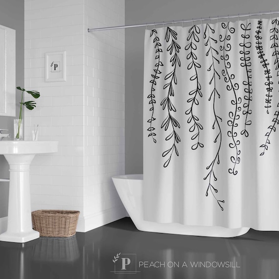 Leaves Shower Curtain Bohemian Vines Line Drawing In Black Etsy
