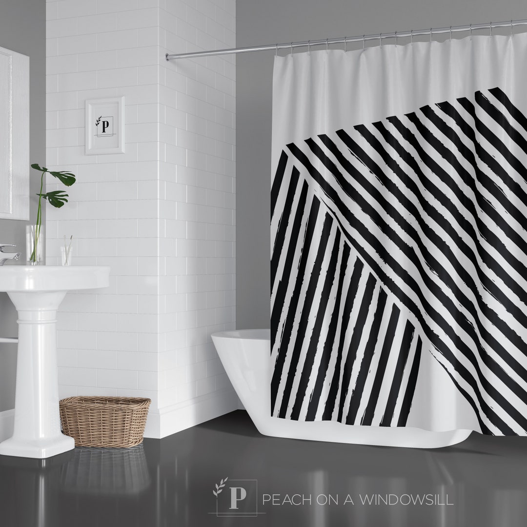 Striped Shower Curtain | Bold Black and White Stripe Bath Curtain in ...