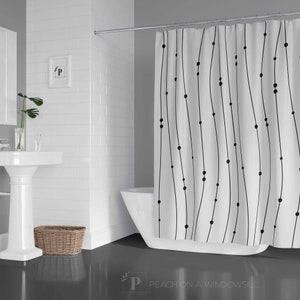Minimalist Shower Curtain | Black and White Stripe Polka Dot Design Bath Curtain in 71x74 | Modern Bathroom Decor