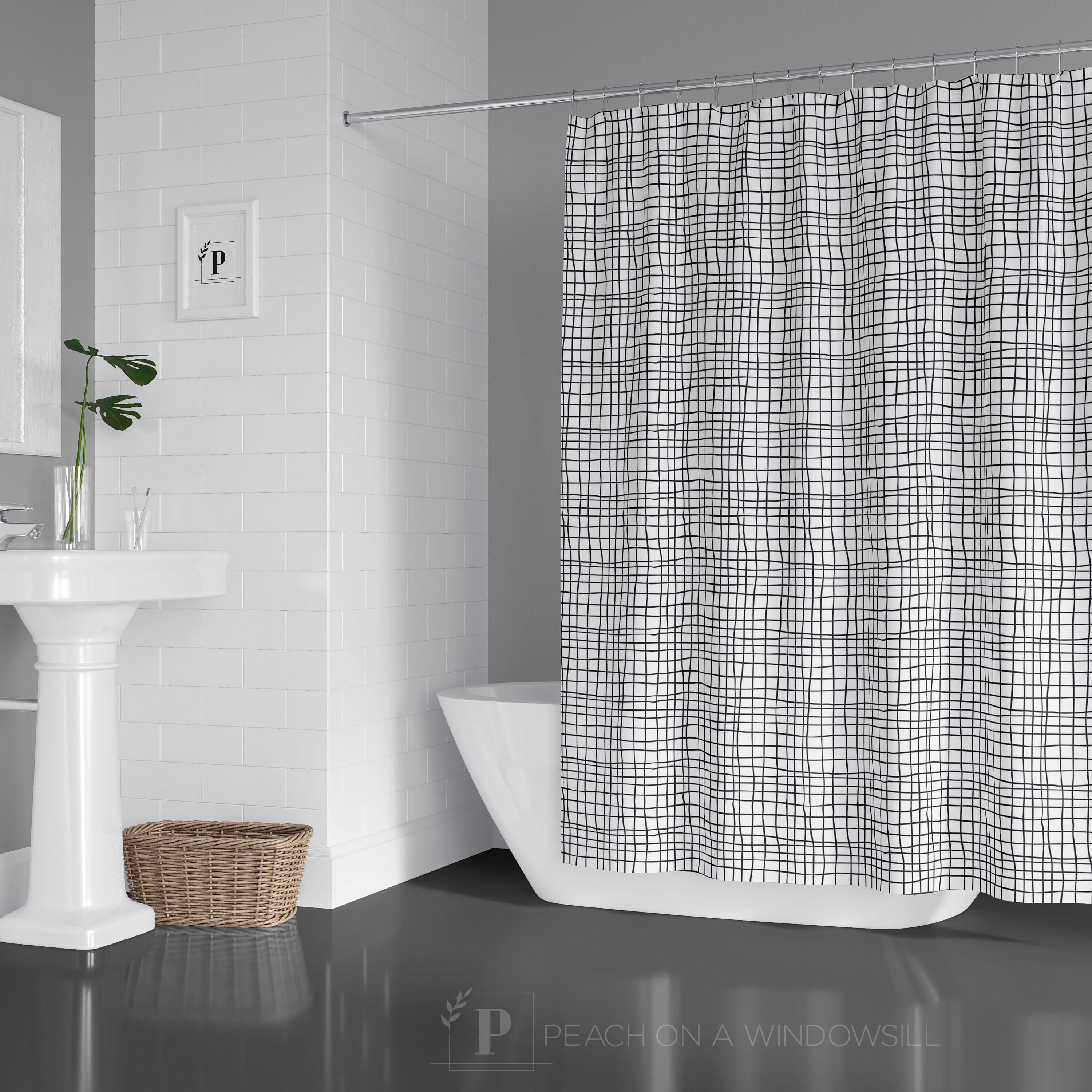 Boho Farmhouse Shower Curtain Black and White Basket Weave Etsy