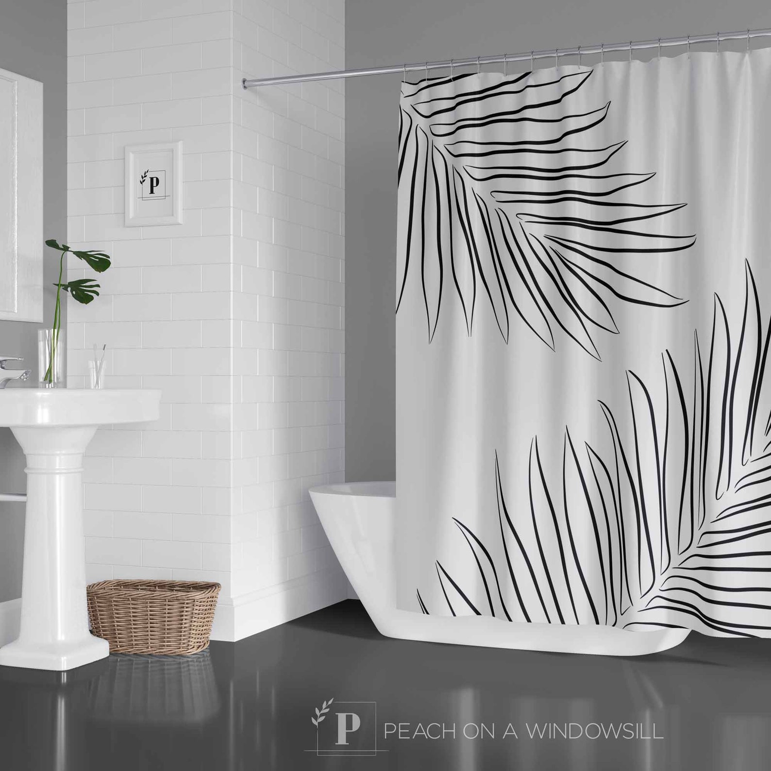 Tropical Palm Leaves Shower Curtain Black and White Etsy