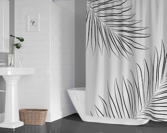 Tropical Palm Leaves Shower Curtain | Black and White Botanical Bath Curtain in 71x74 | Minimalist Scandinavian Bathroom Decor