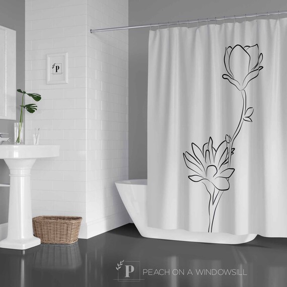 Magnolia Shower Curtain Modern Floral Black And White Bath Etsy