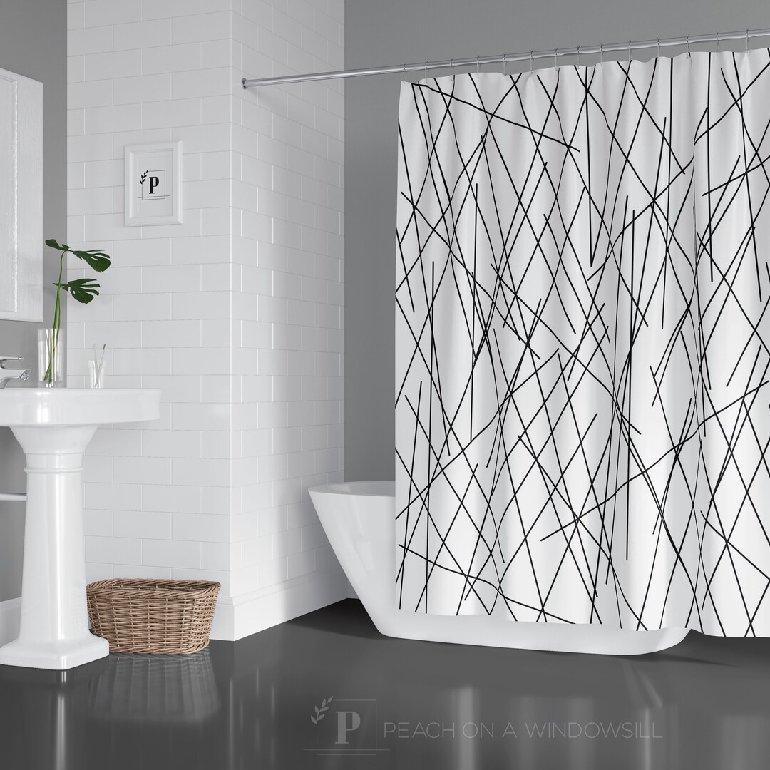 Abstract Line Art Pattern Shower Curtain Modern Black and Etsy UK