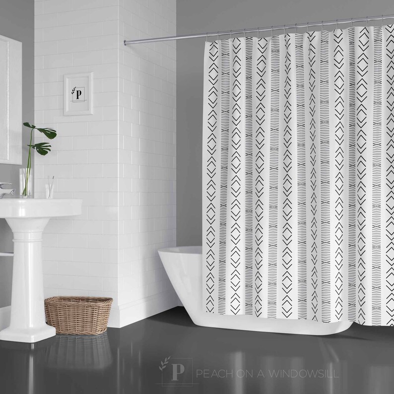 African Mudcloth Inspired Shower Curtain Abstract Black and White Bohemian Pattern Bath Curtain