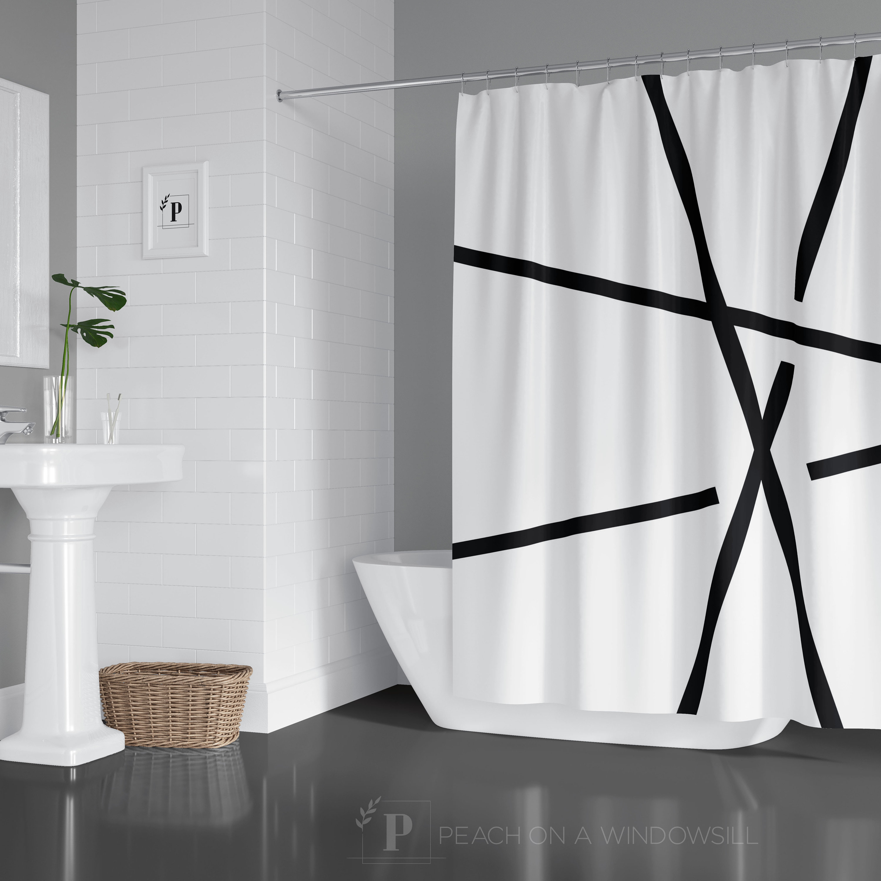 Abstract Line Art Shower Curtain Designer Black and White Bath Curtain