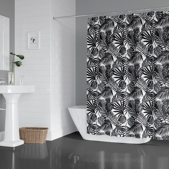Monstera Palm Leaf Shower Curtain Modern Tropical Black And Monstera Palm Leaf Shower Curtain, Black Palm Leaf Shower Curtain