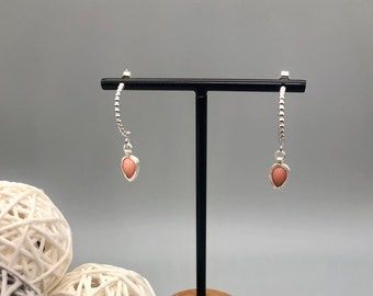 Earrings, Earrings, Creole, Silver, Forged, Handmade, Sterling Silver, Gemstone Coral, Pink, Pearl Wire