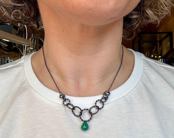 Kette mit Anhänger, Kette, Goldschmiede, Handmade, handgefertigt, Silberschmuck, Malachit, grün, geschwärzt
