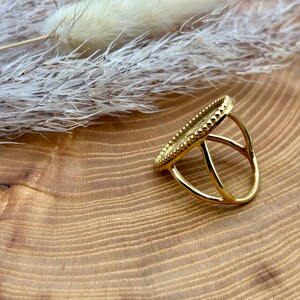 K&ouml;nnte beinhalten: Ein goldfarbener Ring mit ovalem Gesicht und Perlenrand. Der Ring hat ein Doppelband-Design und ist vor einem Holzgrund mit getrockneten Pflanzen platziert.