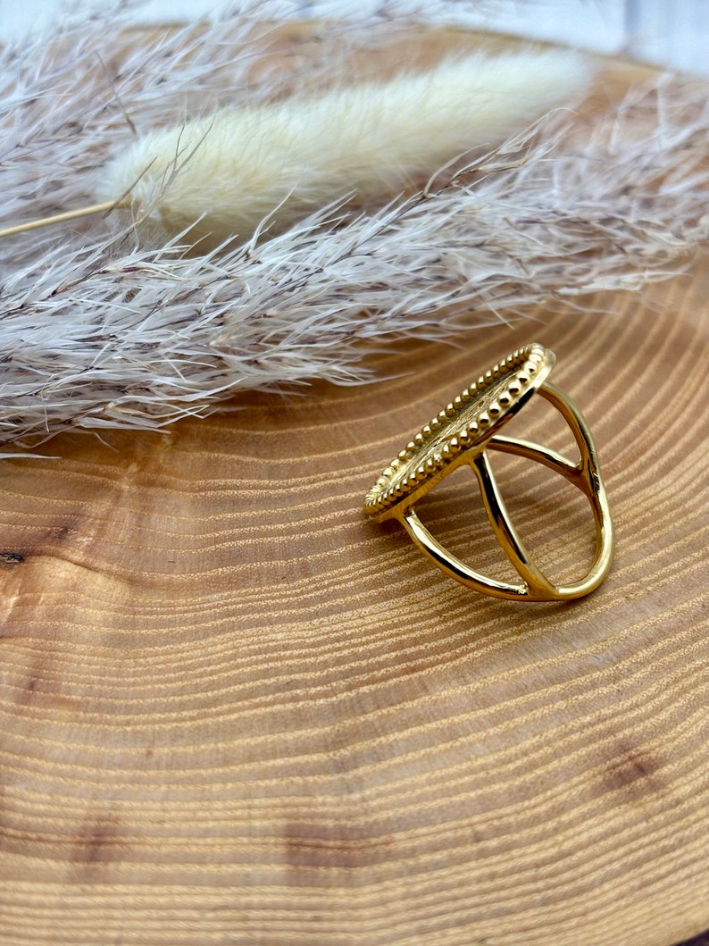 K&ouml;nnte beinhalten: Ein goldfarbener Ring mit ovalem Gesicht und Perlenrand. Der Ring hat ein Doppelband-Design und ist vor einem Holzgrund mit getrockneten Pflanzen platziert.
