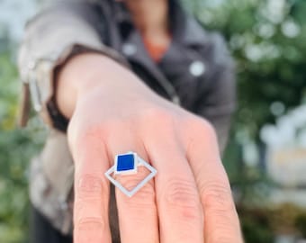Statement, Ring, geschmiedet, Lapislazuli, blau, silber, Goldschmiede, Geometrisch, Geometrie, Viereck