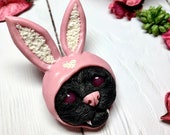 Cute sad cat in a pink bunny hat brooch polymer clay jewelry