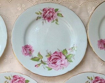 Vintage RARE Aynsley Large Pink Cabbage Roses Yellow Bread and Butter Plate 6 14 Made in England