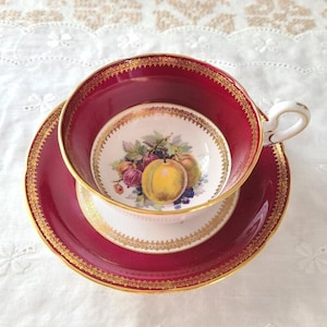 Royal Grafton Burgundy Fruit motif teacup and saucer set - England
