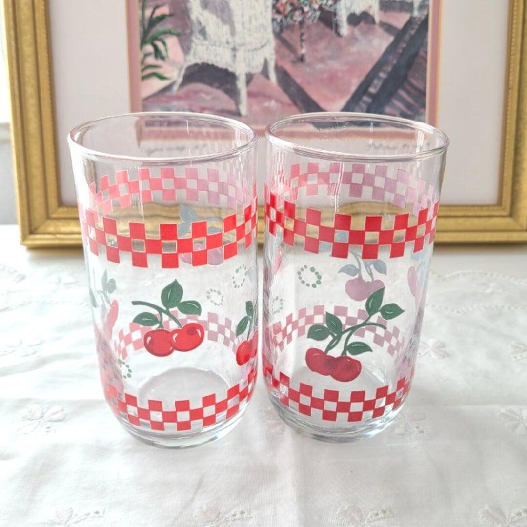 Vintage Cherry Checker Juice Glass, Water Glass, Tumbler (sold ...