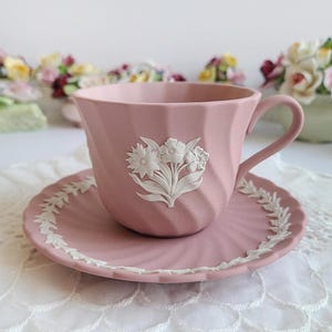 Wedgwood Jasperware pink spiral fluted cup and saucer set (B)