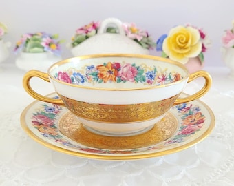 Vintage Limoges Cream Soup Bowl and Saucer Set – Floral Gilt, France