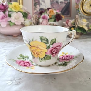 Rosina Yellow Pink Rose teacup and saucer set (crazing) - England