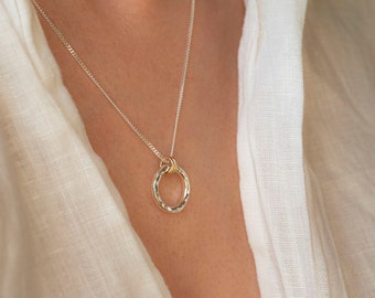 The Minimalist Halo Hammered Recycled Sterling Silver Pendant 9ct Gold Pendant Necklace