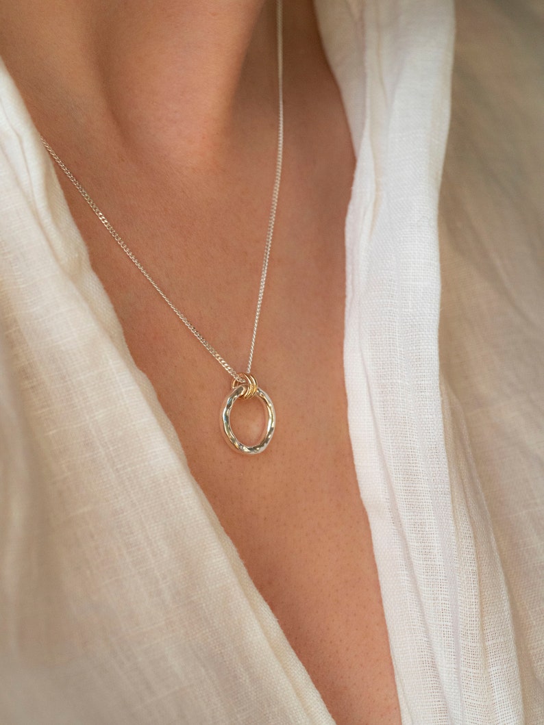 The Minimalist Halo Hammered Recycled Sterling Silver Pendant 9ct Gold Pendant Necklace image 1