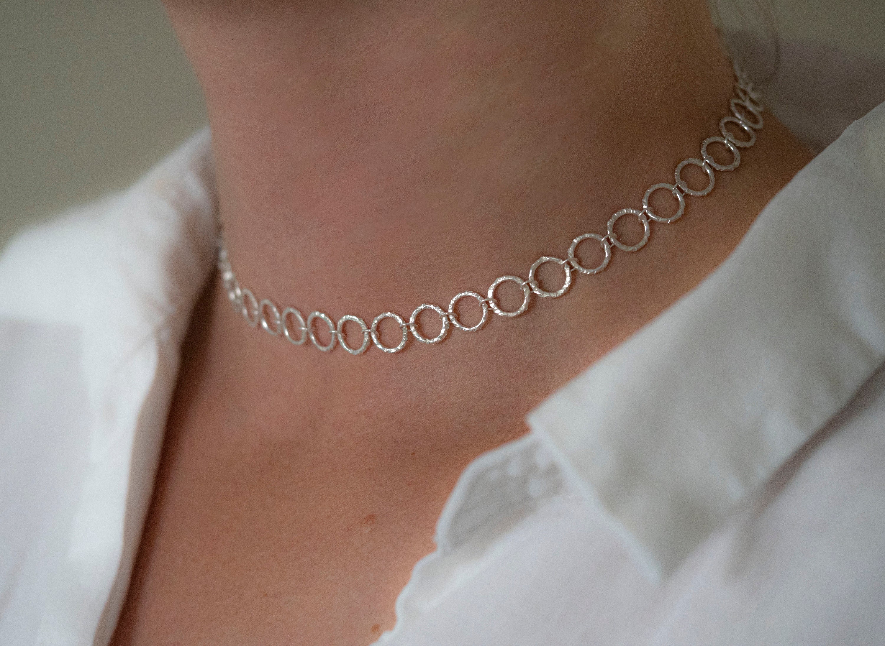 Delicate Textured Choker Interlink Circle Necklace | Recycled Sterling Silver | Handmade Jewellery | Statement Necklace