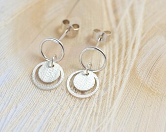 Minimal Circle Stud Peacock Pendant Earrings | Recycled Sterling Silver | Eco Friendly Jewellery | Minimal Earrings
