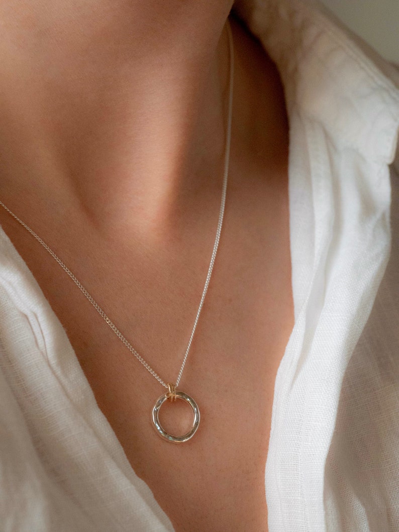 The Minimalist Halo Hammered Recycled Sterling Silver Pendant 9ct Gold Pendant Necklace image 4