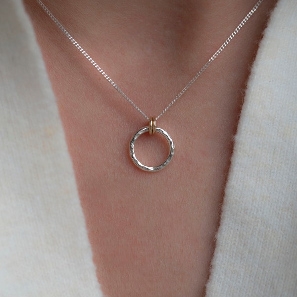 Minimalist Mini Halo Hammered Recycled Sterling Silver Pendant | Recycled 9ct Gold | Minimal Necklace | Eco Friendly Jewellery