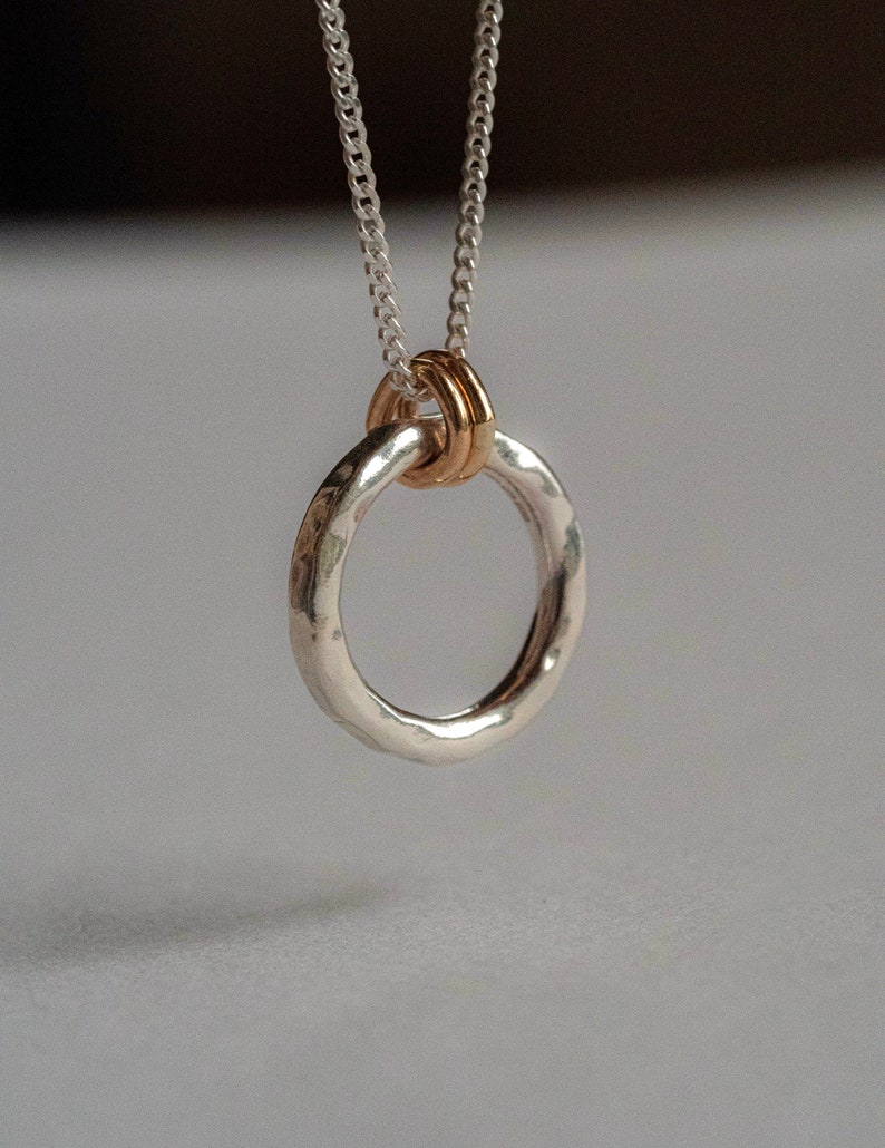 The Minimalist Halo Hammered Recycled Sterling Silver Pendant 9ct Gold Pendant Necklace image 2