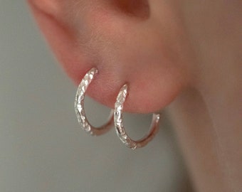 Delicate Textured Silver Huggie Hoop Earrings | Minimal Earrings | Eco Silver | Recycled Sterling Silver | Handmade Jewellery