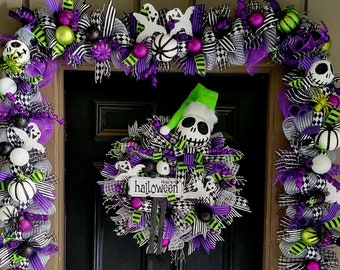 Jack skellington inspired halloween wreath and garland set, whimsical skeleton garland and wreath, this is halloween wreath