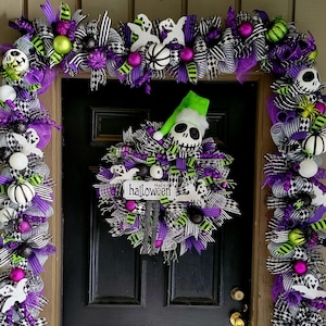 Skeleton halloween wreath and garland set, whimsical nightmare garland